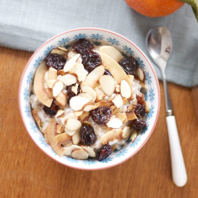 Warm Farro Cereal with Coconut, Almonds, and Dried Cherries