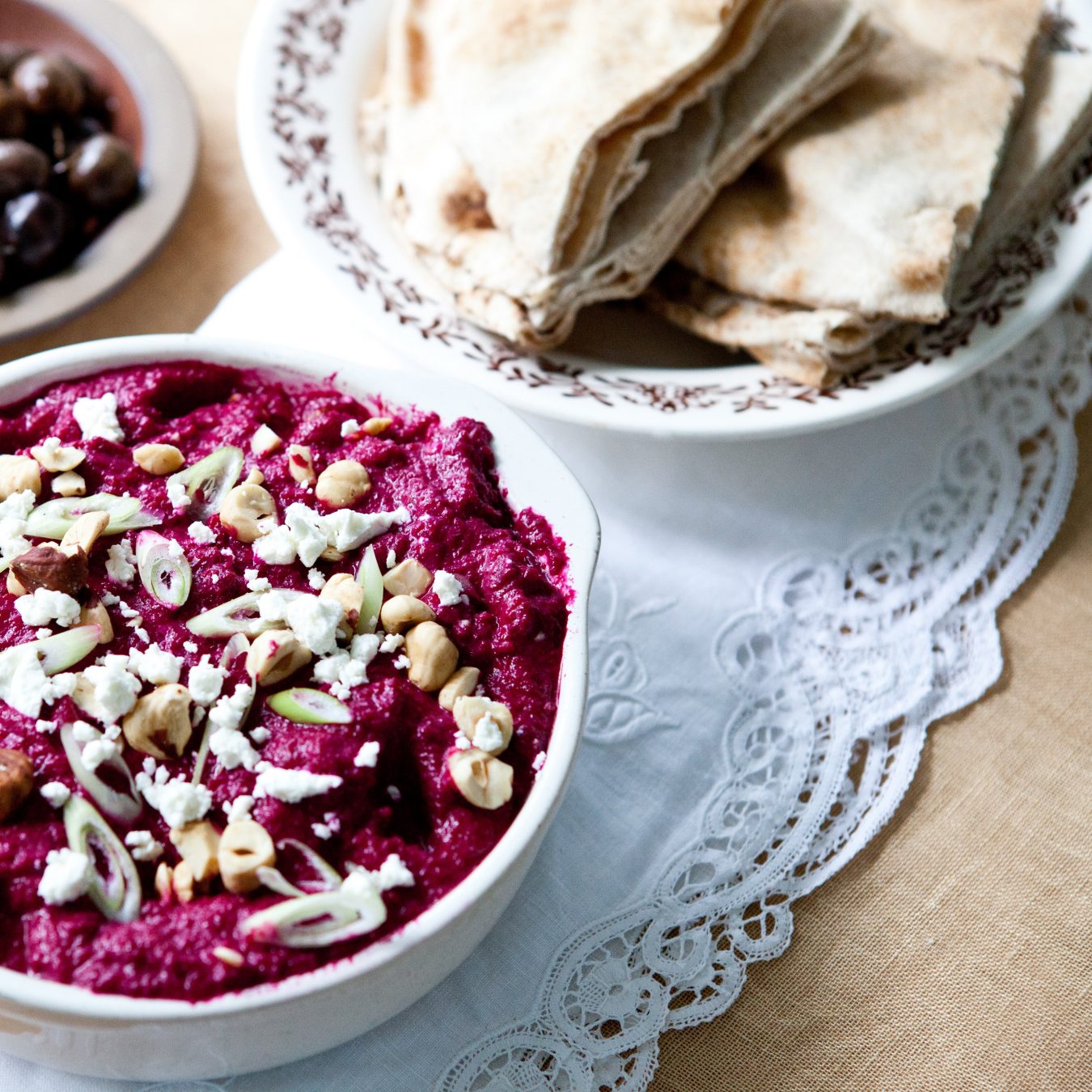 Za'atarSpiced Beet Dip with Goat Cheese and Hazelnuts and Sam's Hummus