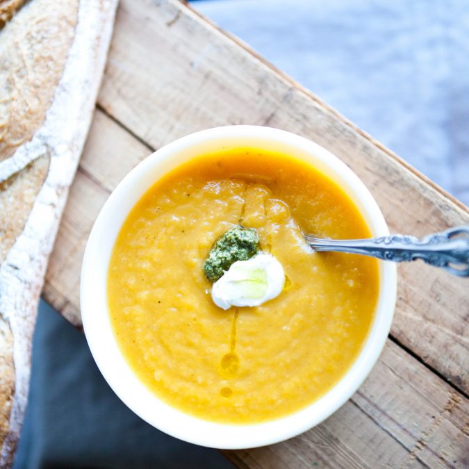 Roasted Butternut Squash and Apple Soup with Cilantro Pesto 