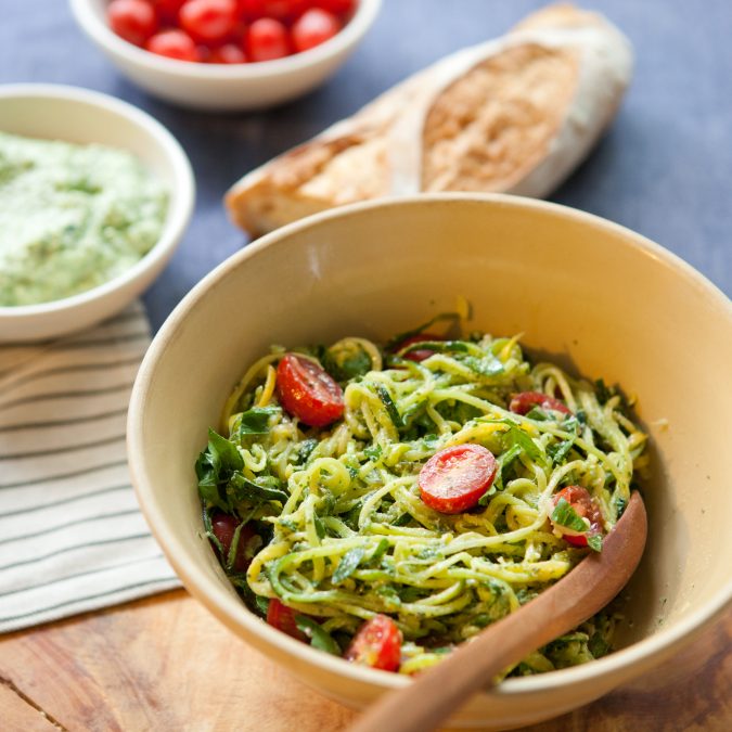 Summer Squash Pasta with Ricotta Pesto and Tomatoes | A Sweet Spoonful