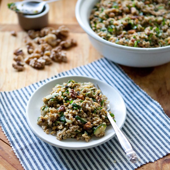 Freekeh Salad with Zucchini, Green Olives and Walnuts