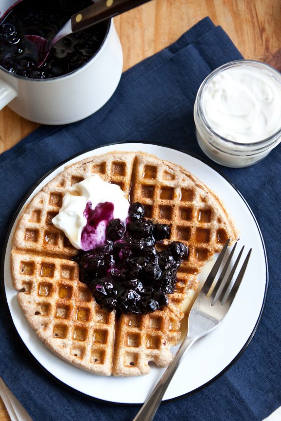 Everyday Whole Wheat Waffles with Blueberry Sauce | A Sweet Spoonful
