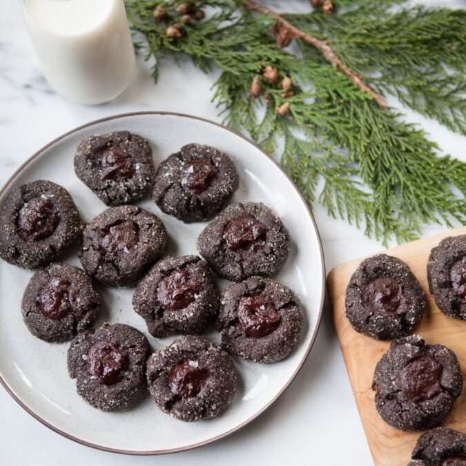 Chocolate Salted Rye Thumbprint Cookies