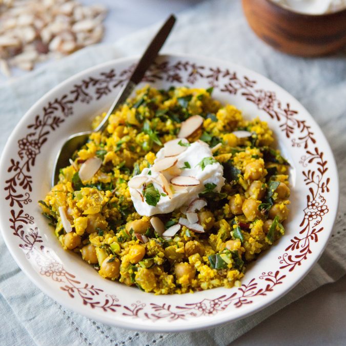 Curried Cauliflower Cousous with Chickpeas and Chard